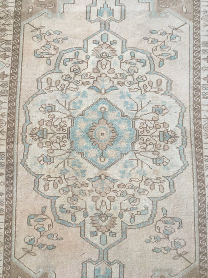3.4x6.5 ft natural wool rug, faded vintage turkish rug, oushak brown kitchen rug, anatolian bohemian living room rug, blue handmade area rug