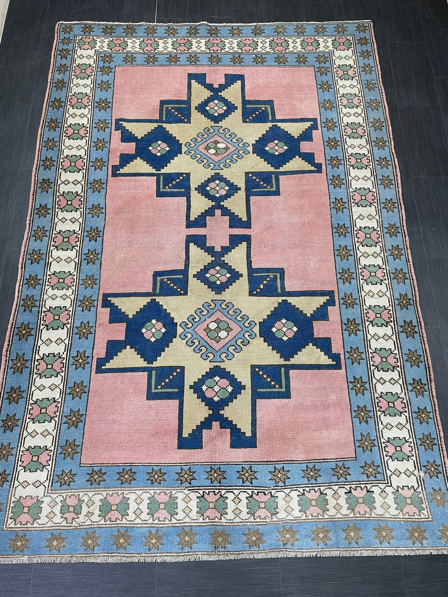 Turkish Rug Vintage 6.6 x 9.8 Rug Antique Rug Vintage Blue Pink Rug Wool