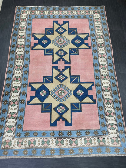 Turkish Rug Vintage 6.6 x 9.8 Rug Antique Rug Vintage Blue Pink Rug Wool