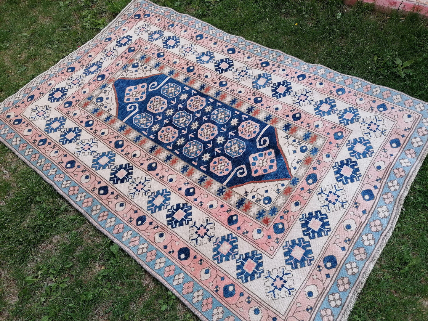 Vintage blue rug,turkish oushak rug 4'8*7 living bohemian rug