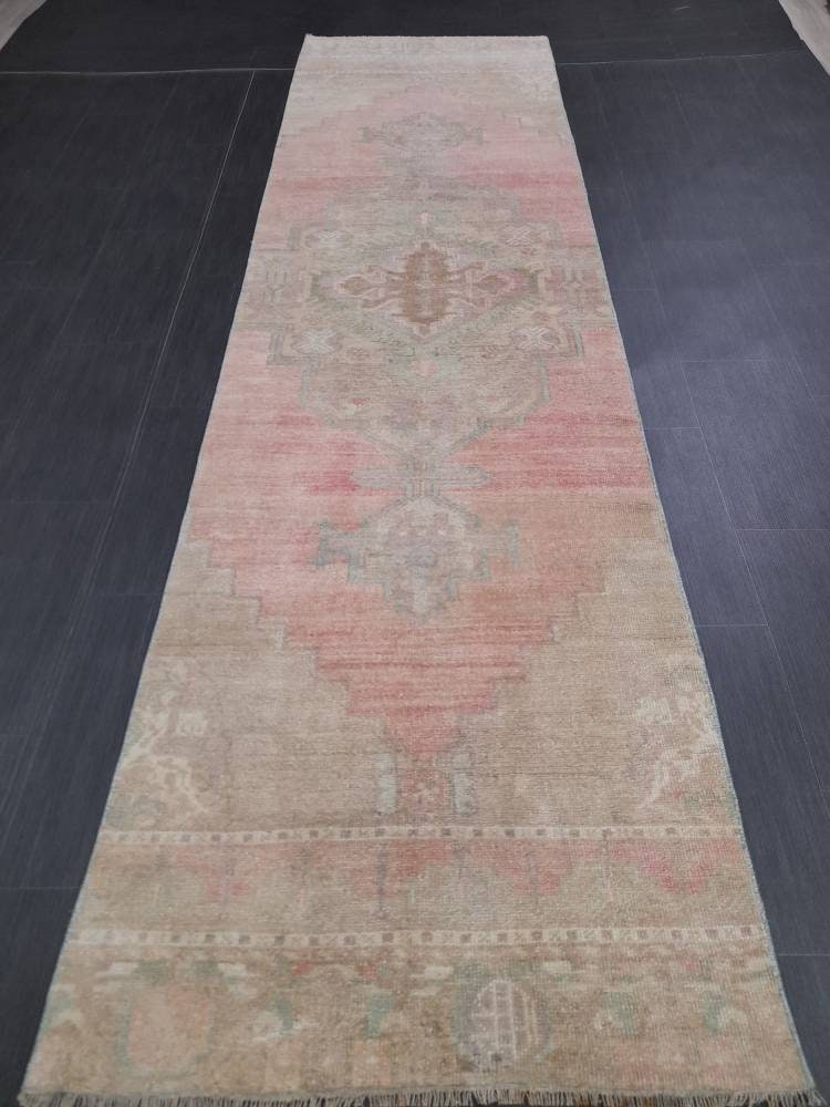 Muted Vintage Oriental Runner Rug 3 x 10.8 Turkish Runner Rug muted Vintage Runner Rug Hallway Runner Rug Kitchen Runner Rug Wool Runner Rug