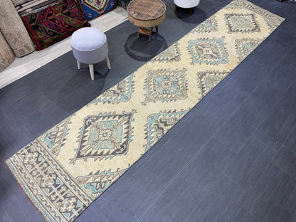 Vintage Persian Runner 2.7 x 12.4 Rug, Turkish Runner Rug, Handmade Runner, Staircase Runner, Kitchen Runner Rug, Wool Runner Rug