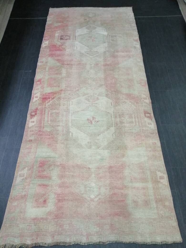 Vintage Runner 4.7 x 11.4 TURKISH Muted Runner Rug Vintage Oushak Runner Rug Light Pink Runner Rug Wool Oriental Runner Antique Runner Rug