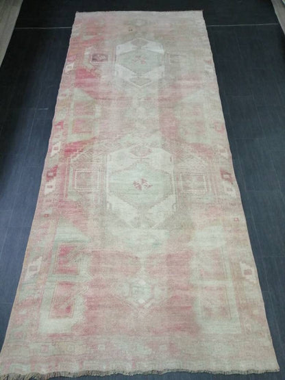 Vintage Runner 4.7 x 11.4 TURKISH Muted Runner Rug Vintage Oushak Runner Rug Light Pink Runner Rug Wool Oriental Runner Antique Runner Rug
