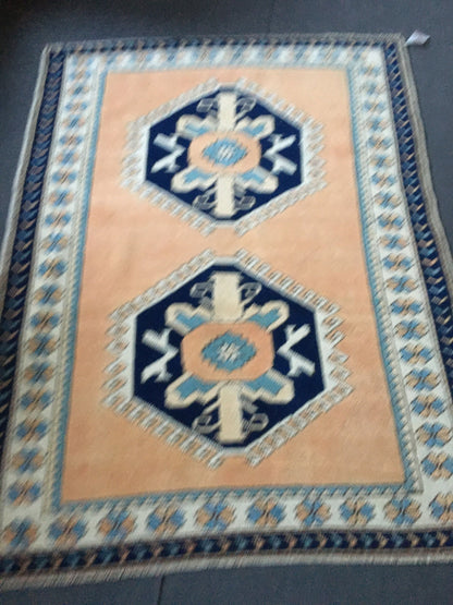 4x6 feet blue turkish bedroom middle rug, handmade orange kitchen floor large rug, vintage living room area rug, bohemian anatolian wool rug