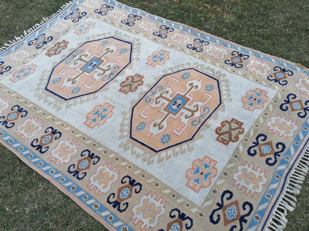 Oushak turkish rug 5'8x8 pastel vintage rug, large living room rug, kitchen rug, vintage anatolian rug,unique hand made bohemian