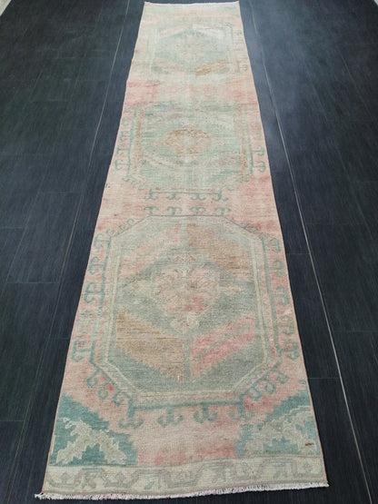 Vintage Runner Rug, 10.9 x 2.4 Turkish Runner, Oushak runner, Rustic Rug, Vintage Turkish Rug, Turkish Rug Runner, Farmhouse Rug,Vintage Rug