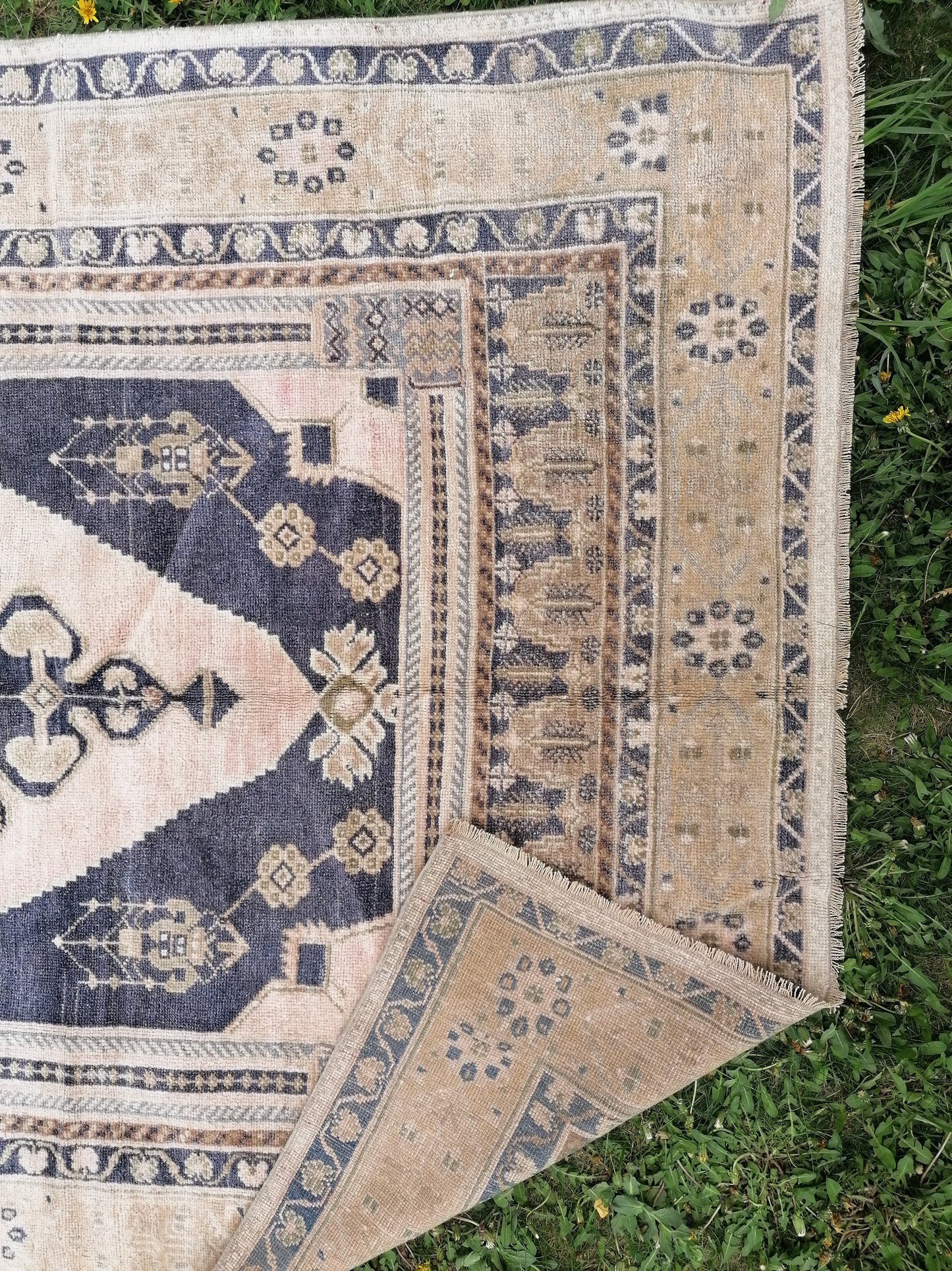 Quality oushak rug, blue turkish rug 5'2x10 large vintage rug wool oushak rug hand made rug