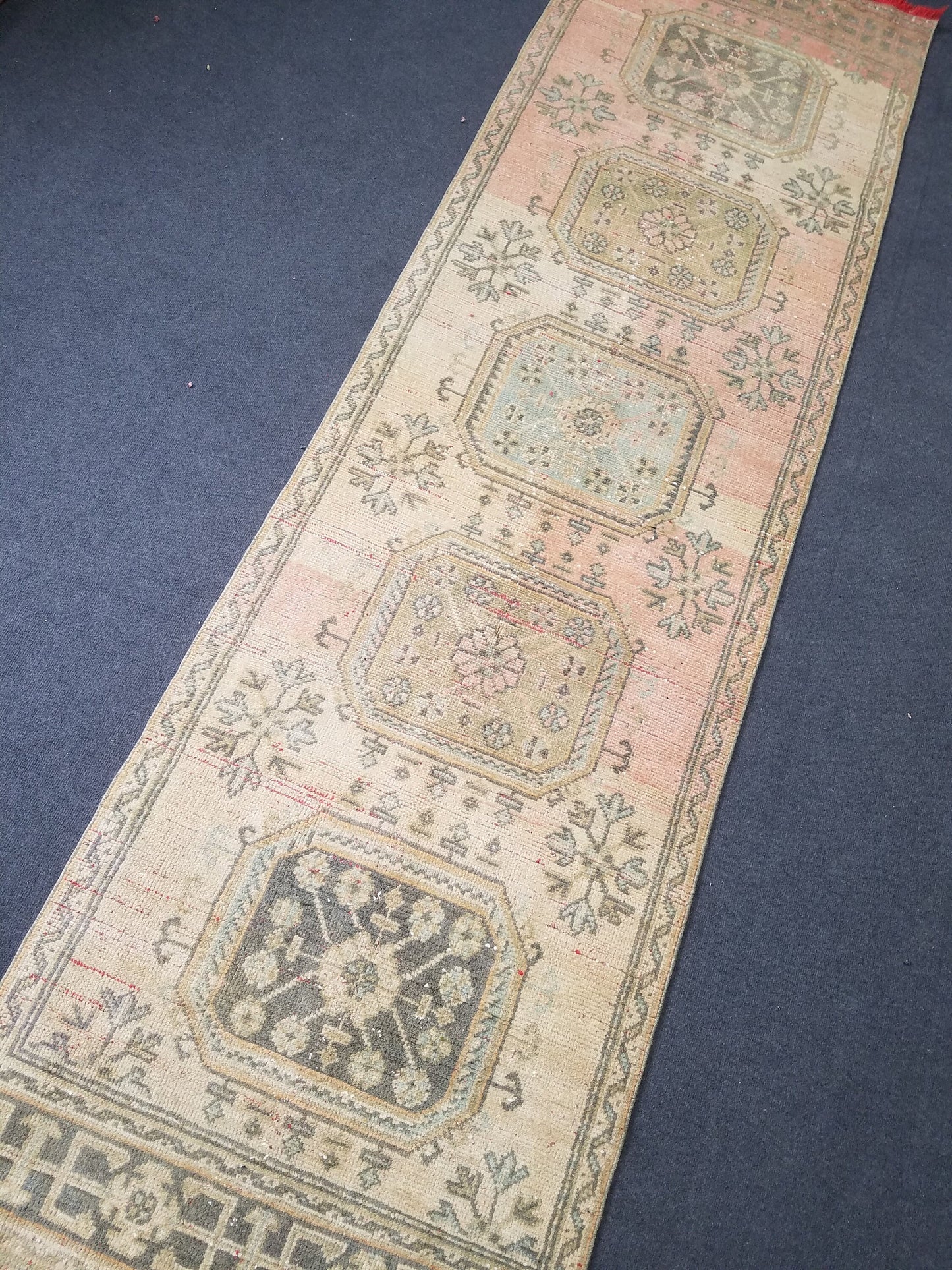 11'x3'2 oushak turkish runner rug, vintage runner rug, vintage oushak runner, vintage anatolian  runnerrug,unique hand made rug,kitchen rug