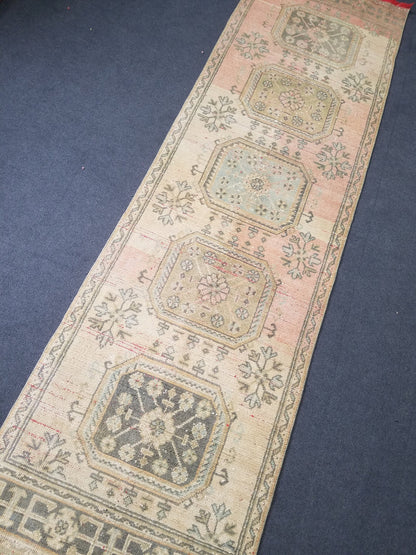 11'x3'2 oushak turkish runner rug, vintage runner rug, vintage oushak runner, vintage anatolian  runnerrug,unique hand made rug,kitchen rug