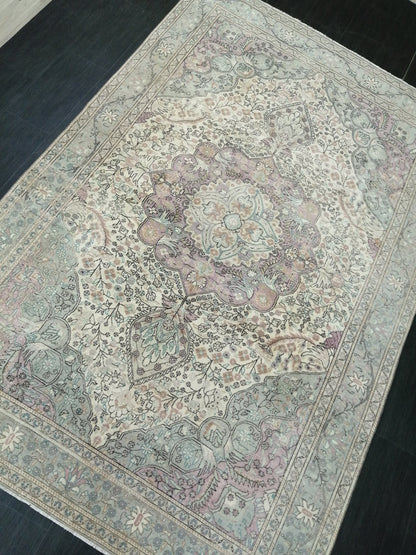 Muted OUSHAK RUG 6.2 x 9.3 TURKISH Rug Vintage Oushak Rug Muted Vintage Rug Wool Oushak Rug Hand Made Rugs Vintage Turkish Rug