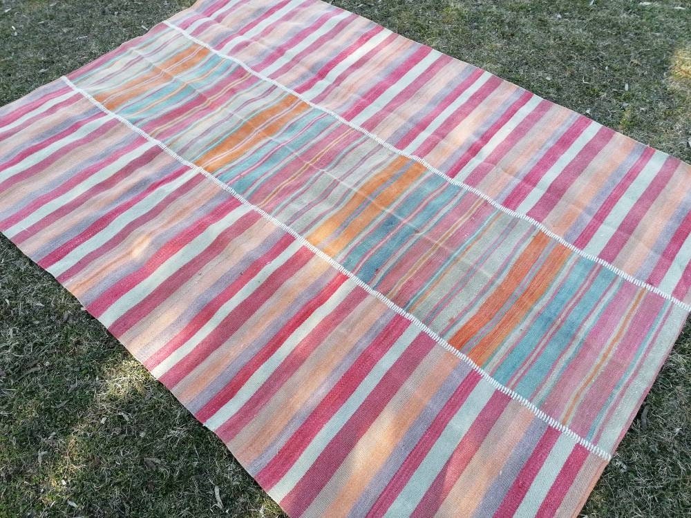 Flatwoven kilim rug 6'4x8'8  stripe hand made rugs, vintage turkish rugs oushak rug vintage oushak rug, wool rug