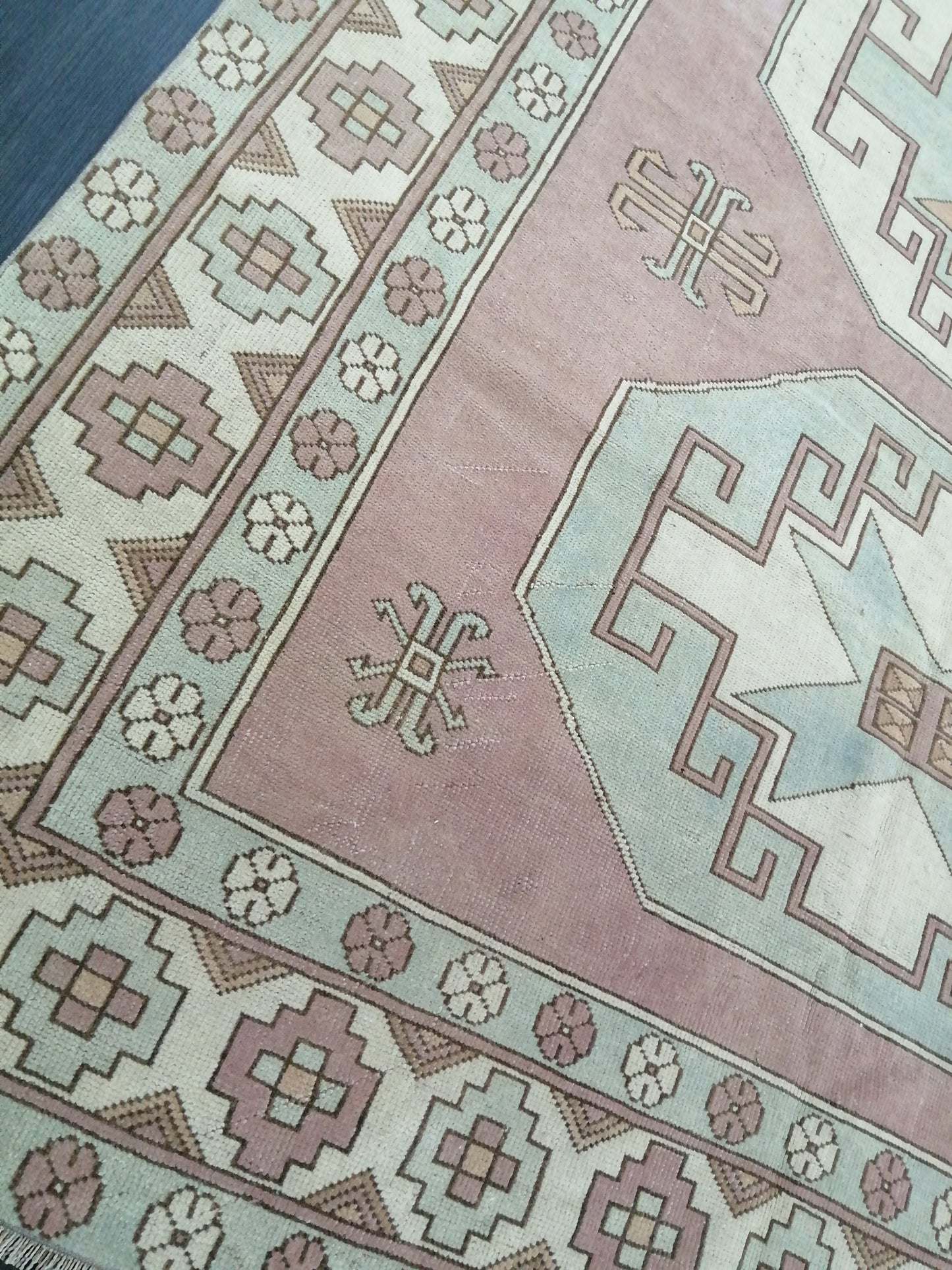 Muted OUSHAK RUG 9.7 x 6.4  Muted Vintage Rug Vintage Rug Dusty Rose And Ice Blue Wool Oushak Rug Hand Made Rugs Vintage Turkish Rug