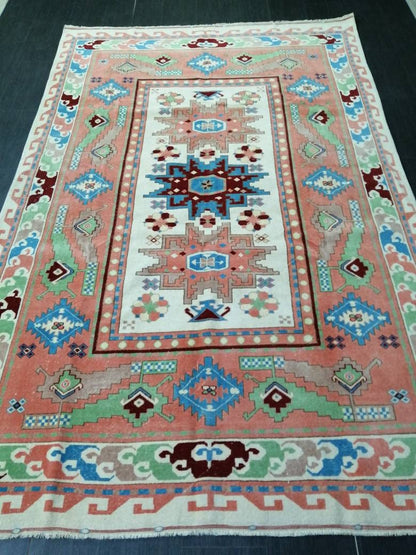 Vintage Runner Rug 6.3 x 10 Blue and Pink Rug Turkish Kitchen Rug Wool Entryway Rug Persian Livingroom Rug Oushak Rug Navy Oriental Rug