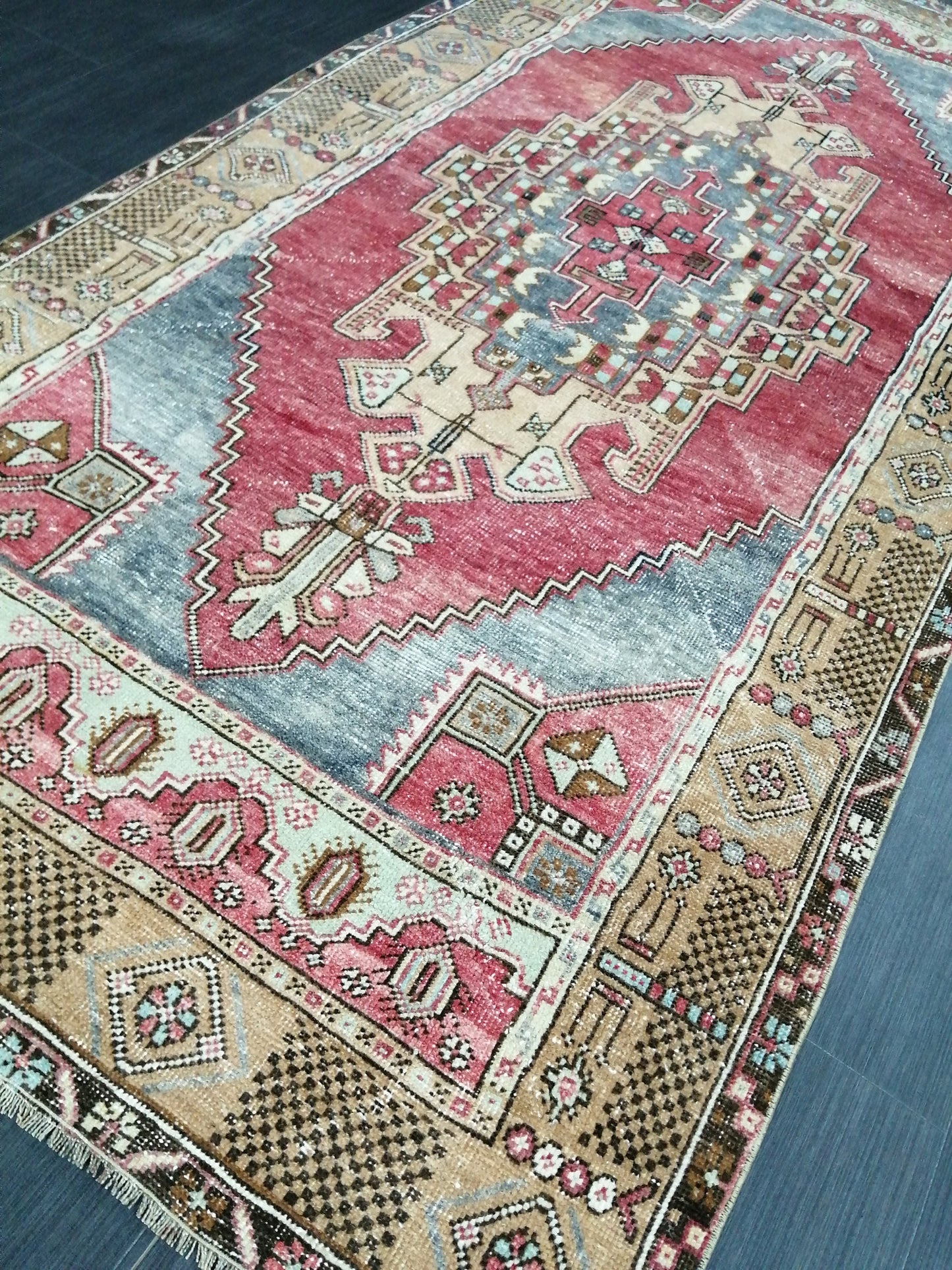 Muted OUSHAK RUG 4.2 x 8.3  Muted Vintage Rug Vintage Rug  Ice Blue Wool Oushak Rug Hand Made Rugs Vintage Turkish Rug