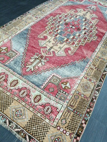 Muted OUSHAK RUG 4.2 x 8.3  Muted Vintage Rug Vintage Rug  Ice Blue Wool Oushak Rug Hand Made Rugs Vintage Turkish Rug