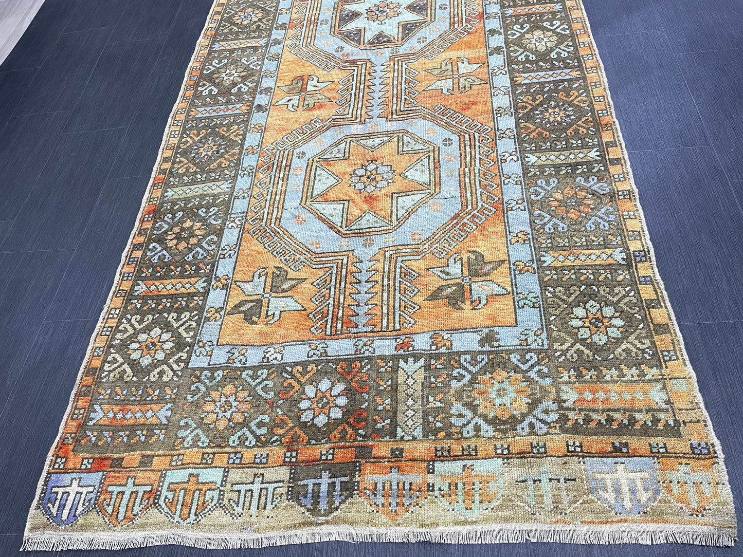 Vintage Hand Knotted Vintage 4.3 x 11.3 Runner Oushak Runner Rug Turkish Runner Rug Vintage Runner Rug Star Kitchen Runner Natural Wool