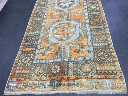 Vintage Hand Knotted Vintage 4.3 x 11.3 Runner Oushak Runner Rug Turkish Runner Rug Vintage Runner Rug Star Kitchen Runner Natural Wool