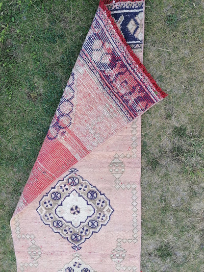 2'7x11 runner rug, vintage wool runner,pink runner rug, blue hallway runner rug kitchen runner rug wool runner rug