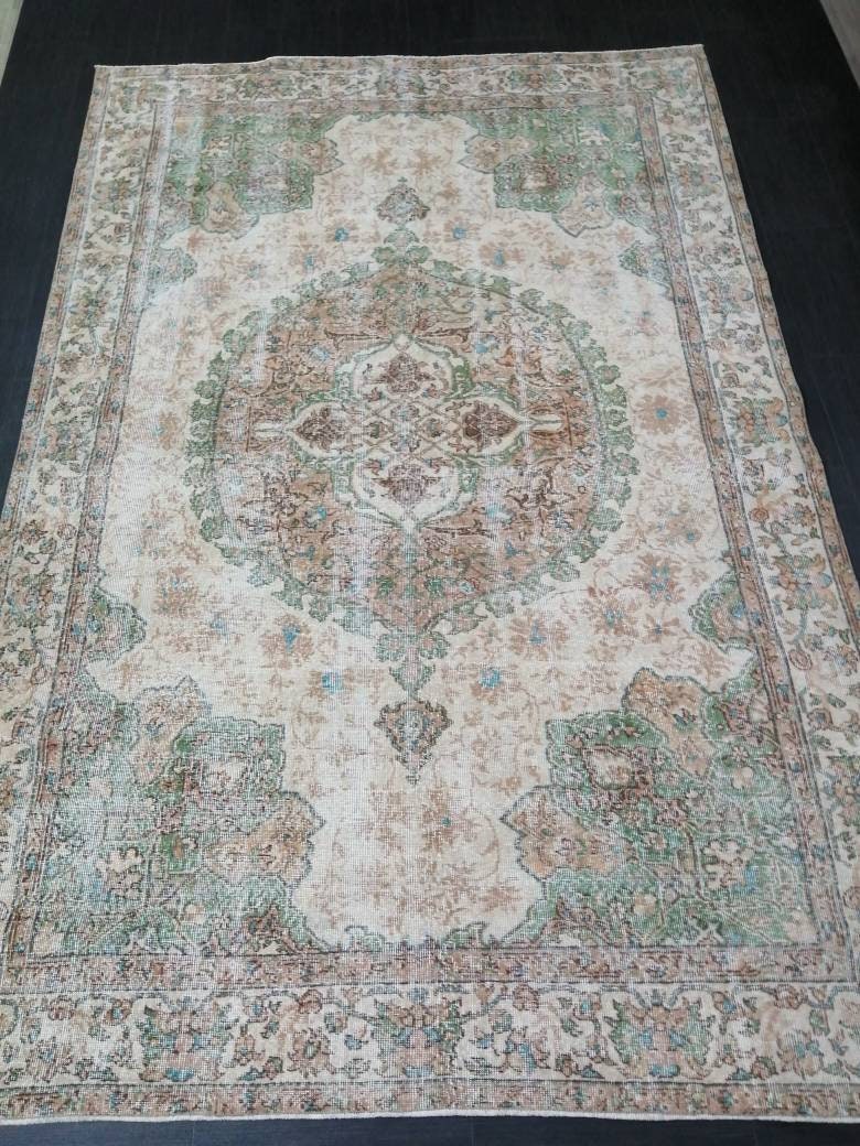 OUSHAK RUG Persian Rug 6.8 x 10.4 TURKISH  Rug Vintage Wool Rug Muted Vintage Oriental Rug Wool Oushak Rug Hand Made Rugs Green Vintage Rug