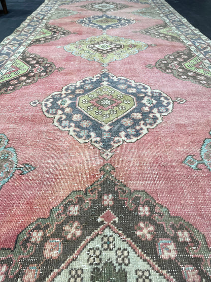 Vintage Runner rug, Muted 4.9 x 12 Runner RUG, TURKISH Runner, Pink Runner Rug, Pastel Oushak Rug ,Natural Wool Runner Rugs, Handmade Runner