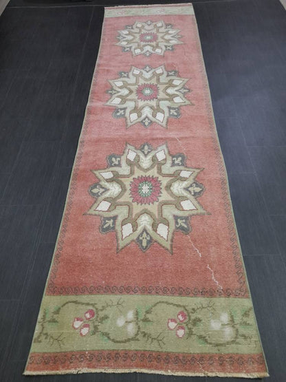 Vintage Wool Runner Rug Muted 2.9 x 10.7 Hand Made Runner Rug Turkish Runner Rug Vintage Runner Rug Hallway Runner Rug Wool Kitchen Runner