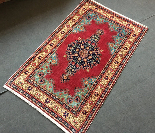 3x5 feet vintage wool on wool floor rug, handmade turkish living room area blue soft rug, oushak kitchen medium size rug, red laundry rug,