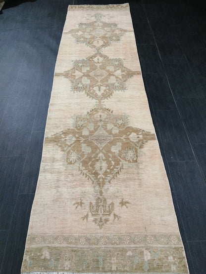 Muted Vintage Runner Rug 2.7 x 10.4 Turkish Runner Rug Vintage Runner Rug Hallway Runner Rug Kitchen Runner Rug Wool Runner Wool Oushak Rug