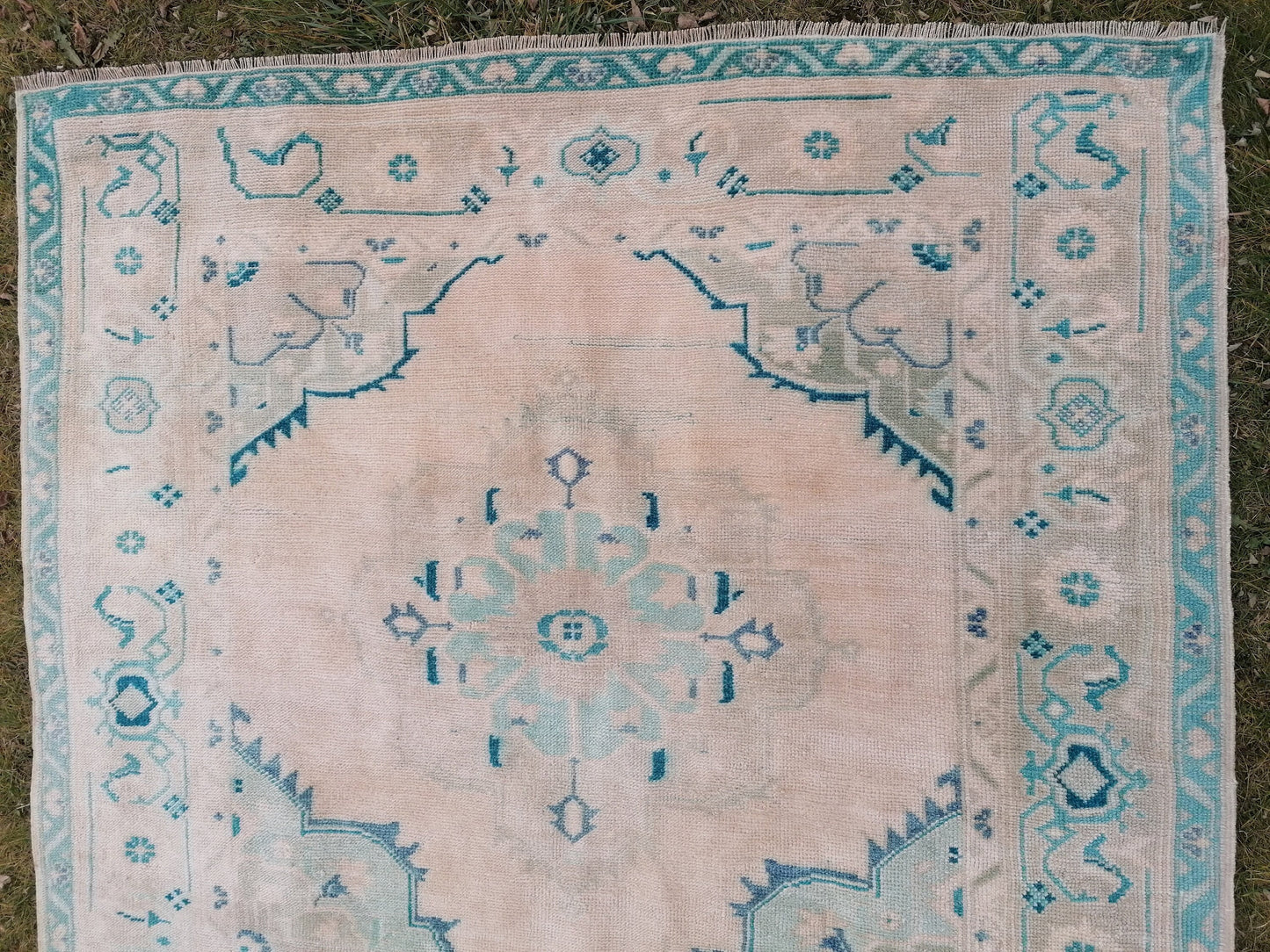 Oushak wool rug 5'4x10'8 long faded blue oushak runner rug vintage runner, hallway runner, kitchen runner rug