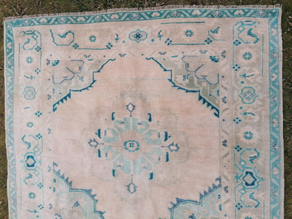 Oushak wool rug 5'4x10'8 long faded blue oushak runner rug vintage runner, hallway runner, kitchen runner rug