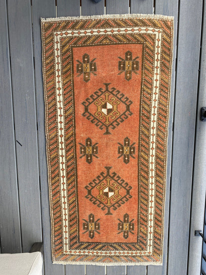 2.5x5 feet turkish small runner, vintage small rug, vintage oushak runner, kitchen hand made mini runner, wool living room bohemian runner