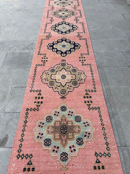 Handmade Extra Long Turkish Runner Very Long Oushak Runner Rug 2.6 x 20.4 Vintage Runner Rug Pink XL Oriental Runner Rug Staircase Runner