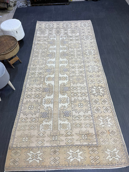 Vintage RUG, TURKISH 4 x 9.4 Rug, Wool Hand Knotted Rug, Persian Rug Wool Handmade Rug, Oushak Rugs Muted traditional rug