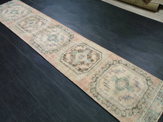 Muted Oushak Runner Rug 2.2 x 11  Vintage Runner Rug Distressed Hallway Runner Rug Turkish Kitchen Runner Rug Antique Wool Runner Rug