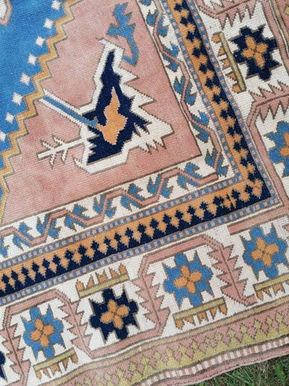 Turkish oushak wool rug 6'8x9'6 large blue rug, vintage handmade rug bohemian rug living room rug