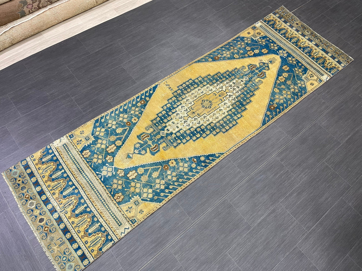 TURKISH Runner Rug Vintage Runner Rug 2.8 x 9.4 Oriental Rug Wool Oushak Rug Hand Knotted Rug Vintage Turkish Runner Rug Blue and Yellow Rug