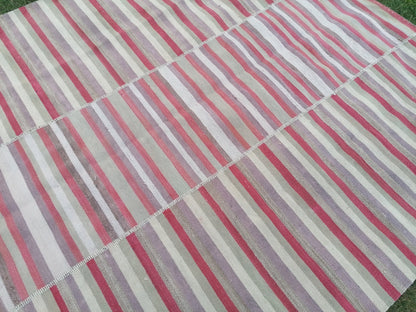 7 x 9 Handmade flatweave kilim rug  stripe wool rug, woven rug, pastel turkish kilim, muted flat_weaving rug