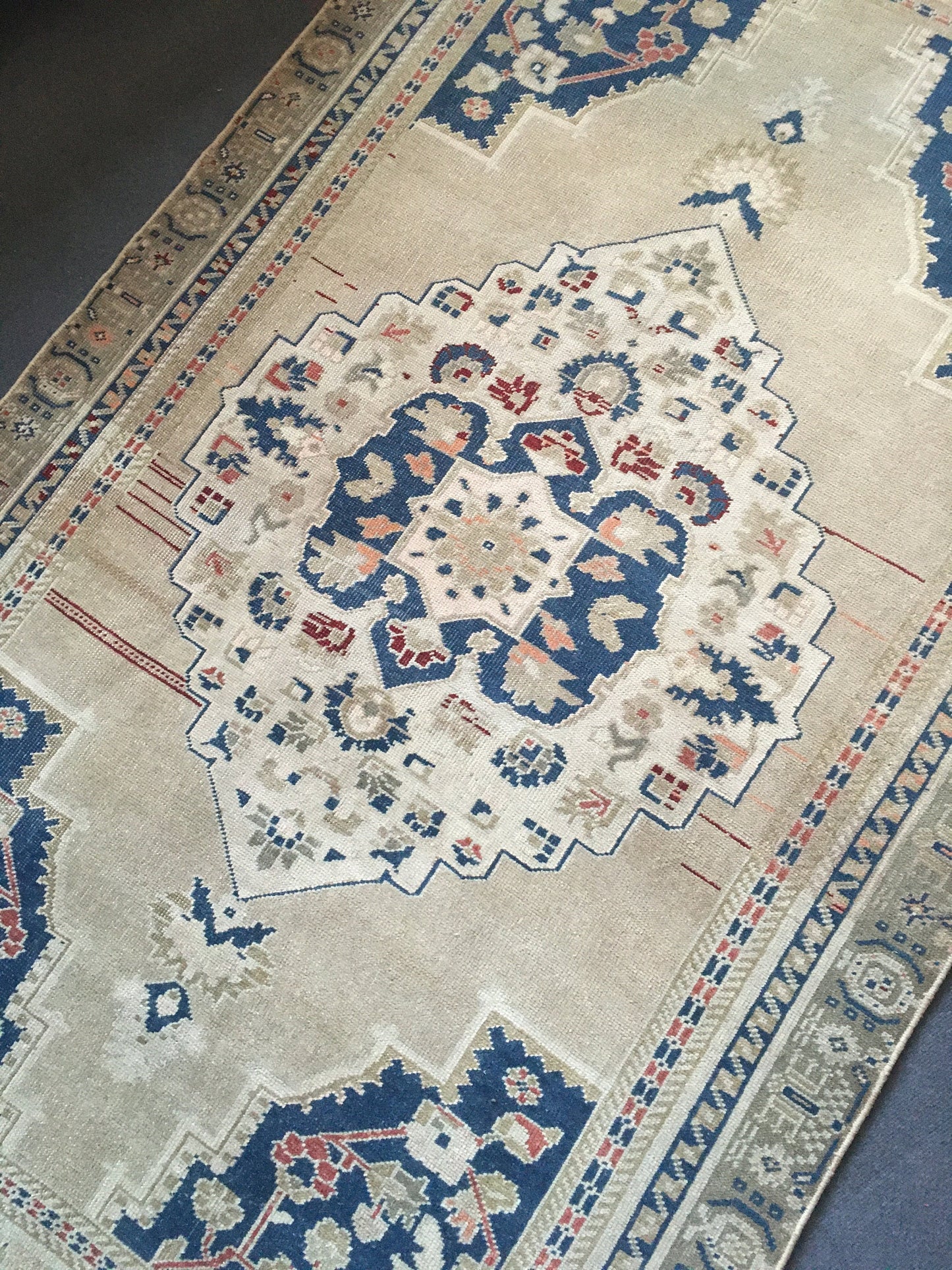 4x8 feet handmade muted oversize wide runner rug, vintage turkish living room rug, oversize kitchen area rug, wool blue persian big size rug