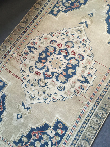 4x8 feet handmade muted oversize wide runner rug, vintage turkish living room rug, oversize kitchen area rug, wool blue persian big size rug