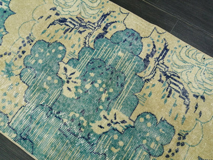 Oushak Runner Rug 10.5 X 2.5  Turkish Runner Rug Vintage Runner Rug  Beige and Blue Hallway Runner Rug Kitchen Runner Rug vinatgeturkish_rug