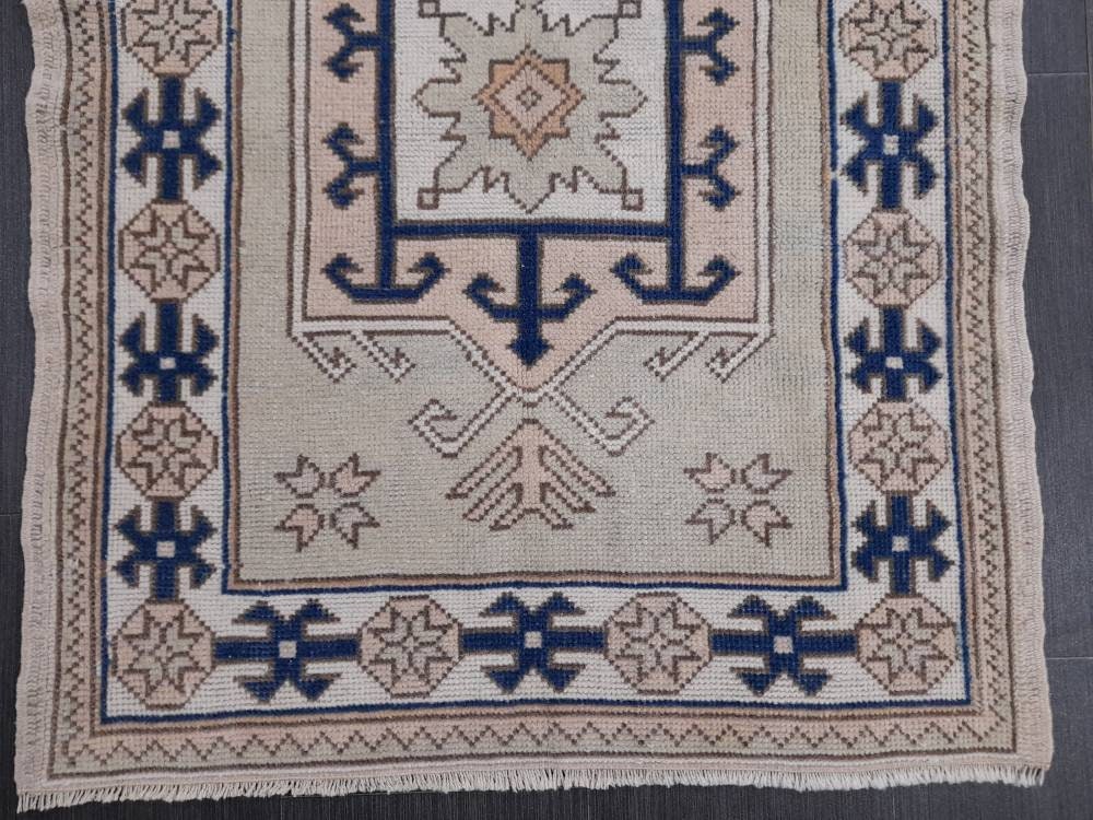 Vintage Turkish Rug, 2.8 x 4.8 Oushak Rug, Wool Oriental Rug, Blue Vintage Persian Rug, Hand Made Rug Vintage Wool Rug