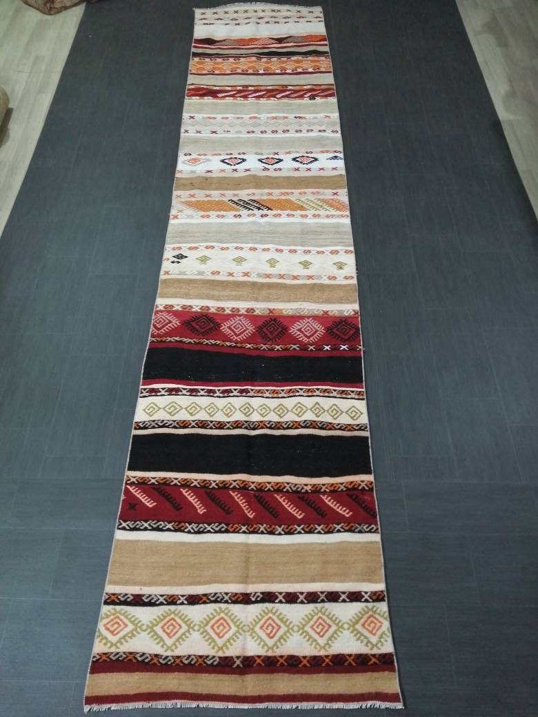 Flatwoven Runner Rug 3x15 Turkish Runner Rug Vintage Runner Rug Hallway Runner Rug Flat weaving With Embroidery Runner Rug Wool Runner Rug