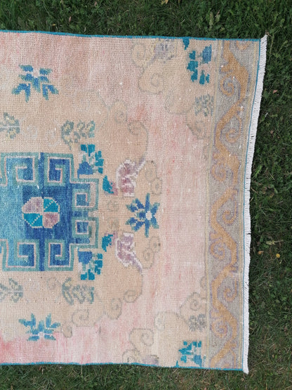 3 x 12 Turkish wool runner rug, blue runner rug, vintage runner rug, kitchen runner rug,hallway runner rug, oushak runner