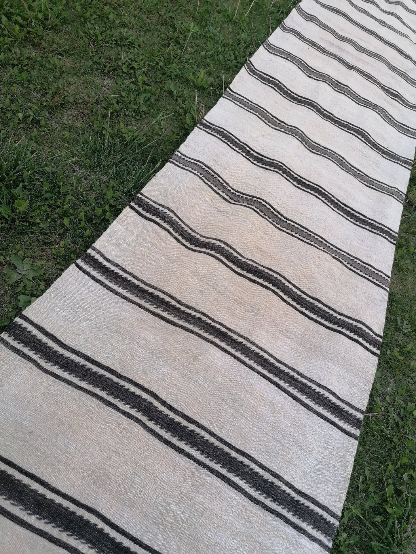 2.5 x 21 Neutral wool runner, long flatweave stripe handmade runner, no dye woven rug, turkish kilim runner