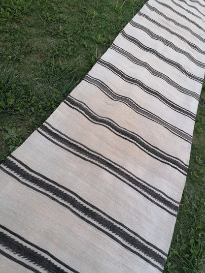 2.5 x 21 Neutral wool runner, long flatweave stripe handmade runner, no dye woven rug, turkish kilim runner