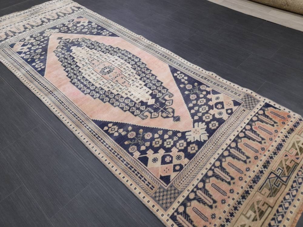 Blue and Pink TURKISH Runner Rug Vintage Runner Rug 3 x 9 Oriental Runner Rug Wool Oushak Rug Hand Knotted Rugs Vintage Turkish Runner Rug