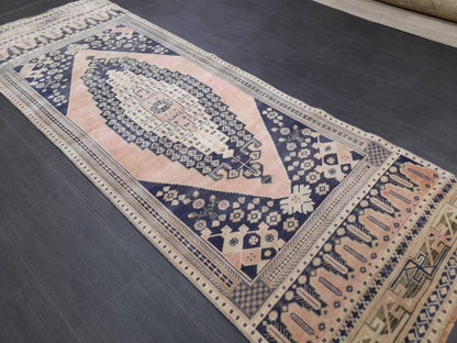 Blue and Pink TURKISH Runner Rug Vintage Runner Rug 3 x 9 Oriental Runner Rug Wool Oushak Rug Hand Knotted Rugs Vintage Turkish Runner Rug