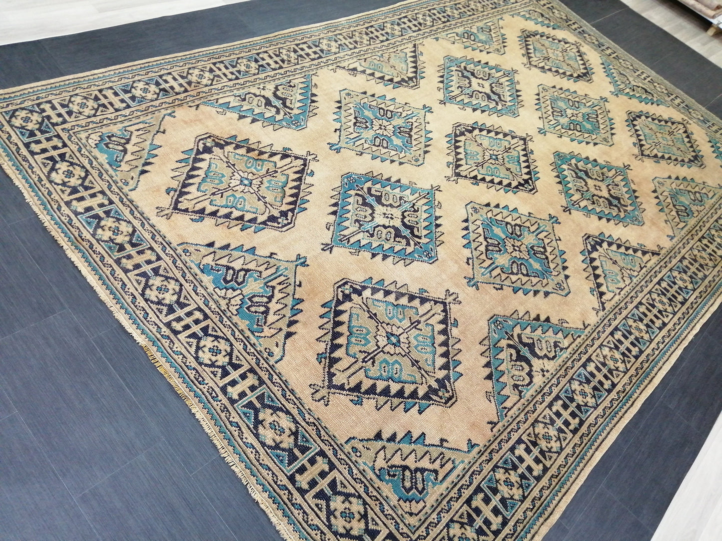 7.7 x 12 OUSHAK RUG Large TURKISH Blue And Navy Oushak Rug Vintage 8x12 Vintage Turkish Rug Wool Oriental Rug Hand Made Rug Vintage Rug