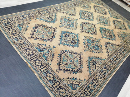 7.7 x 12 OUSHAK RUG Large TURKISH Blue And Navy Oushak Rug Vintage 8x12 Vintage Turkish Rug Wool Oriental Rug Hand Made Rug Vintage Rug