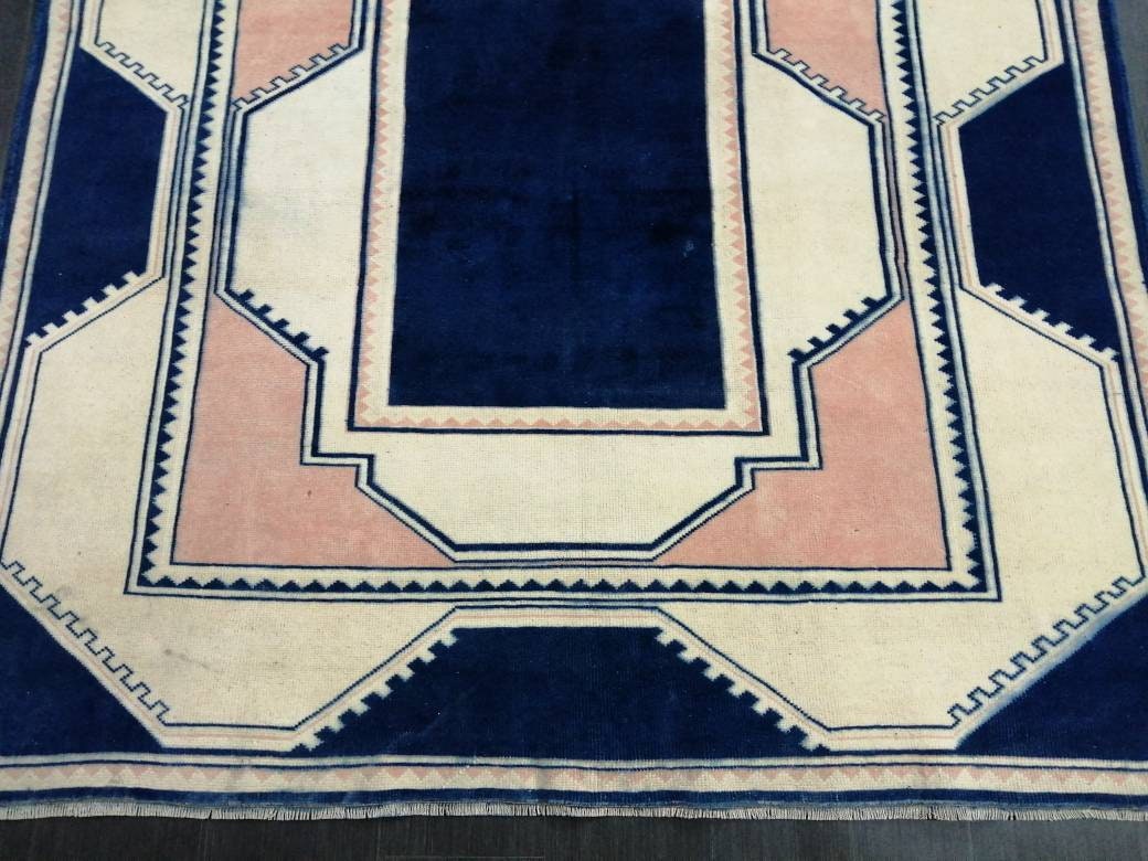 Vintage Rug,  Navy Unique Pattern Rug 6.8 x 9.8 Oushak Rugs, 7x10 Rugs,Turkish Rugs Navy Blush Green Rugs, Oriental Rug, Fine Rugs